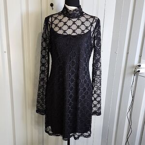 Greyson Women's Black Wolf Links Lace Long Sleeve Mini Dress Size Large NWT
